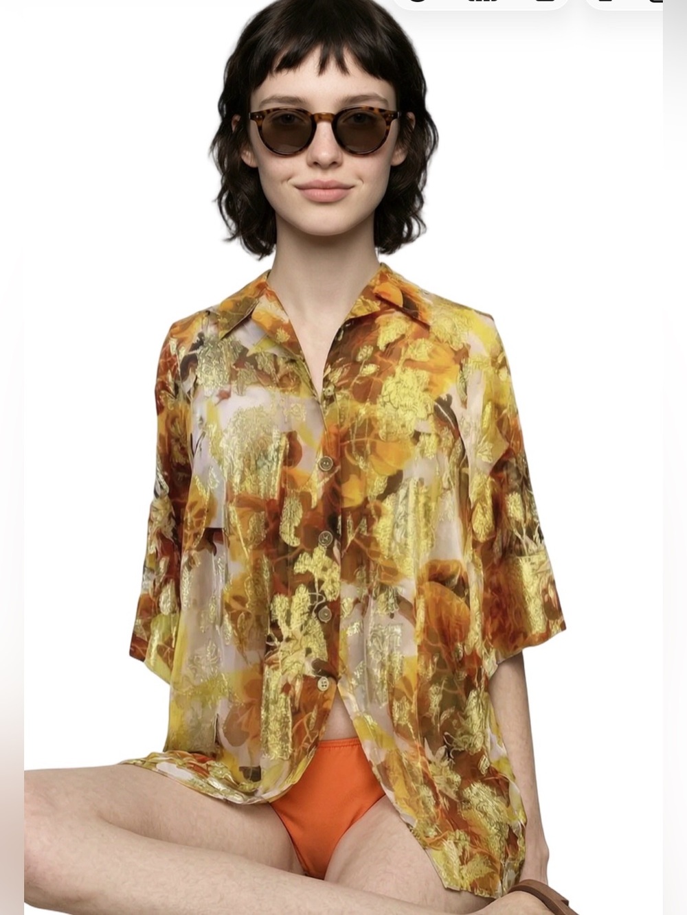 TOPSHOP orange metallic gold sheer short sleeve collared tunic Unique split back - Picture 13 of 14